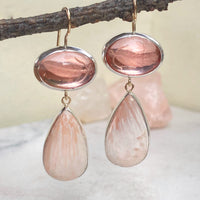 Pink Glass with Feather Reverse Intaglio and Scolecite Earrings